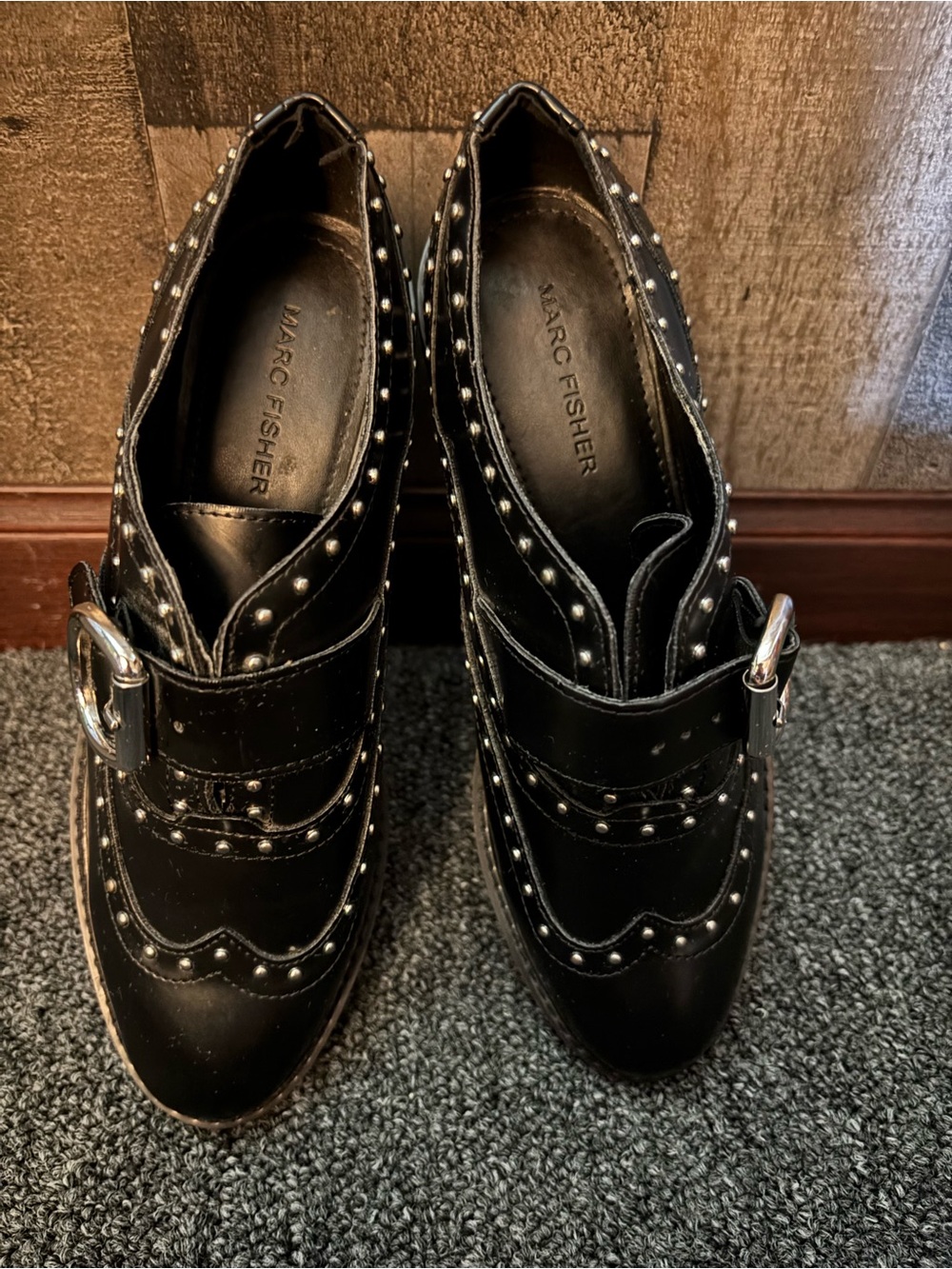 Marc Fisher Black Studded Buckle Loafers with Wingtip Detailing